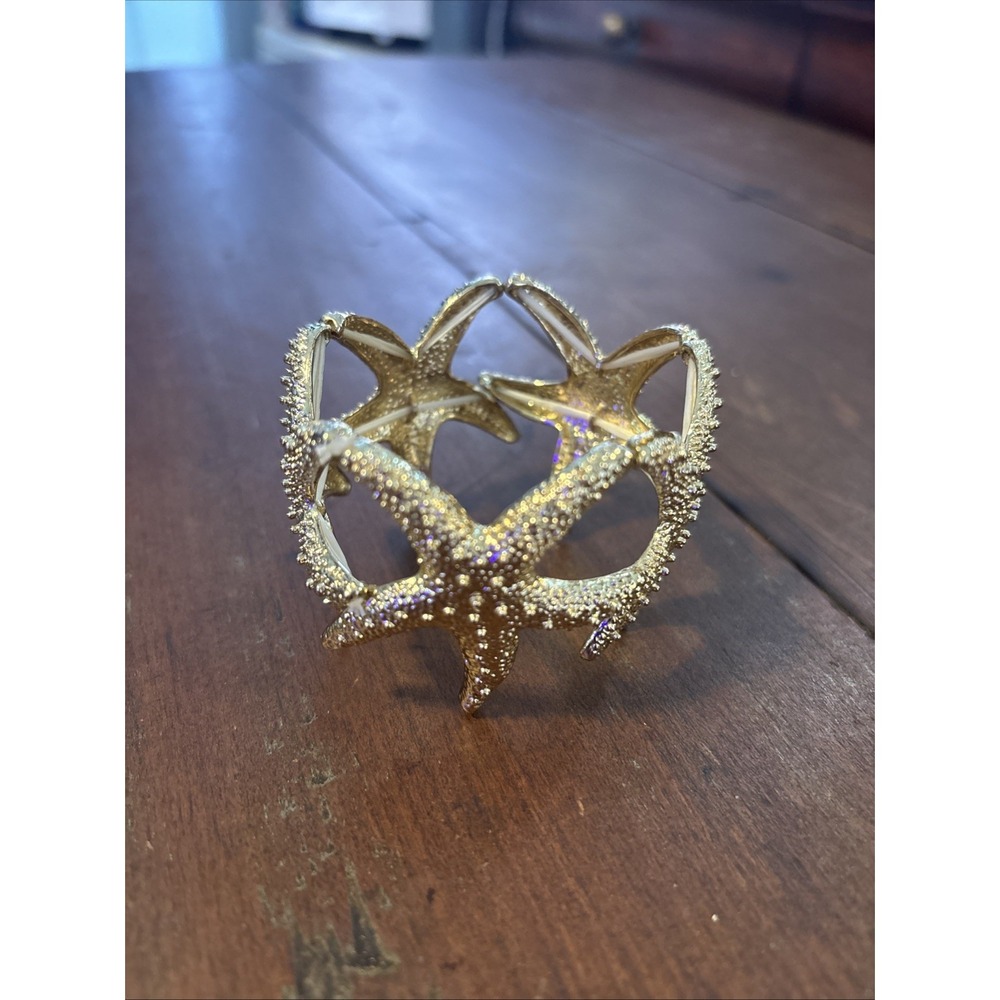 Womens Shiny Textured Starfish Stretch Bangle Cuff Statement Bracelet, Gold